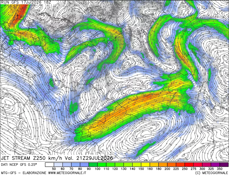 mappa 250 hPa Jet stream