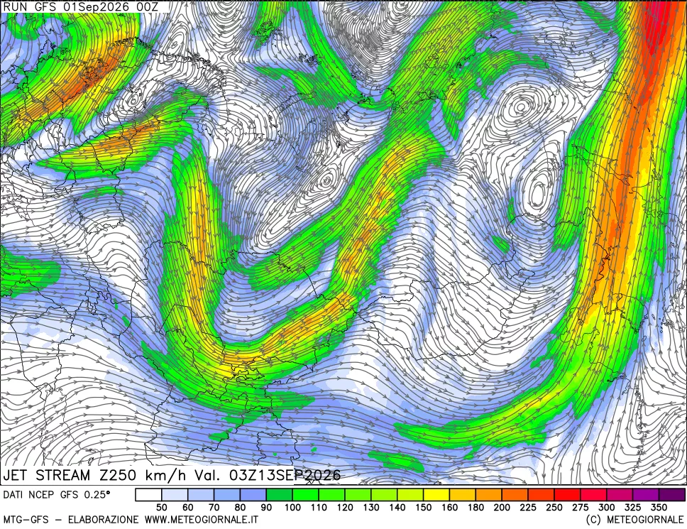 mappa 250 hPa Jet stream