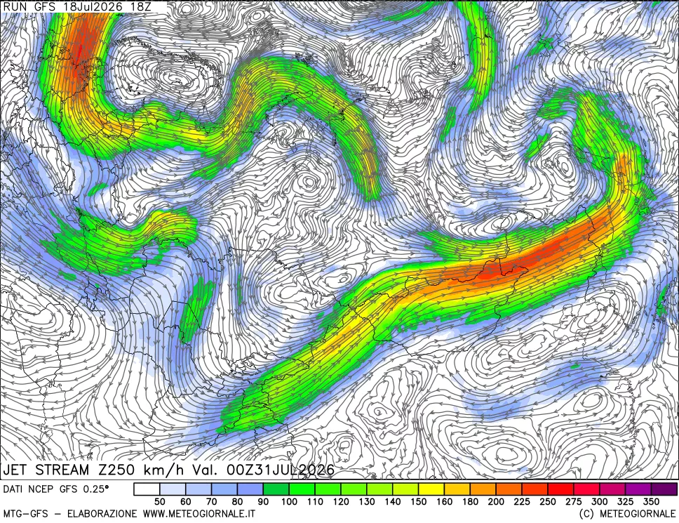 mappa 250 hPa Jet stream