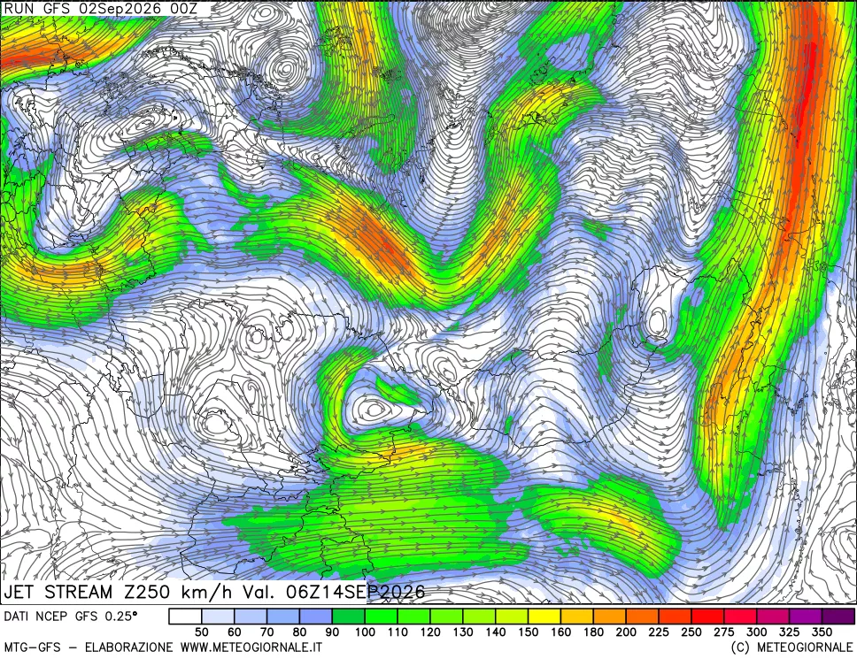 mappa 250 hPa Jet stream