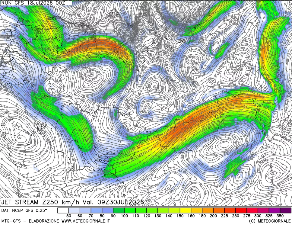 mappa 250 hPa Jet stream
