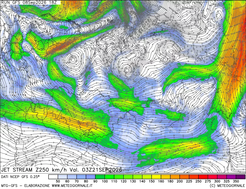 mappa 250 hPa Jet stream