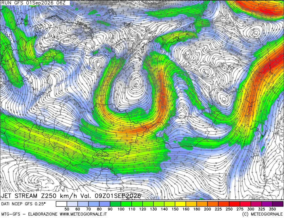 mappa 250 hPa Jet stream
