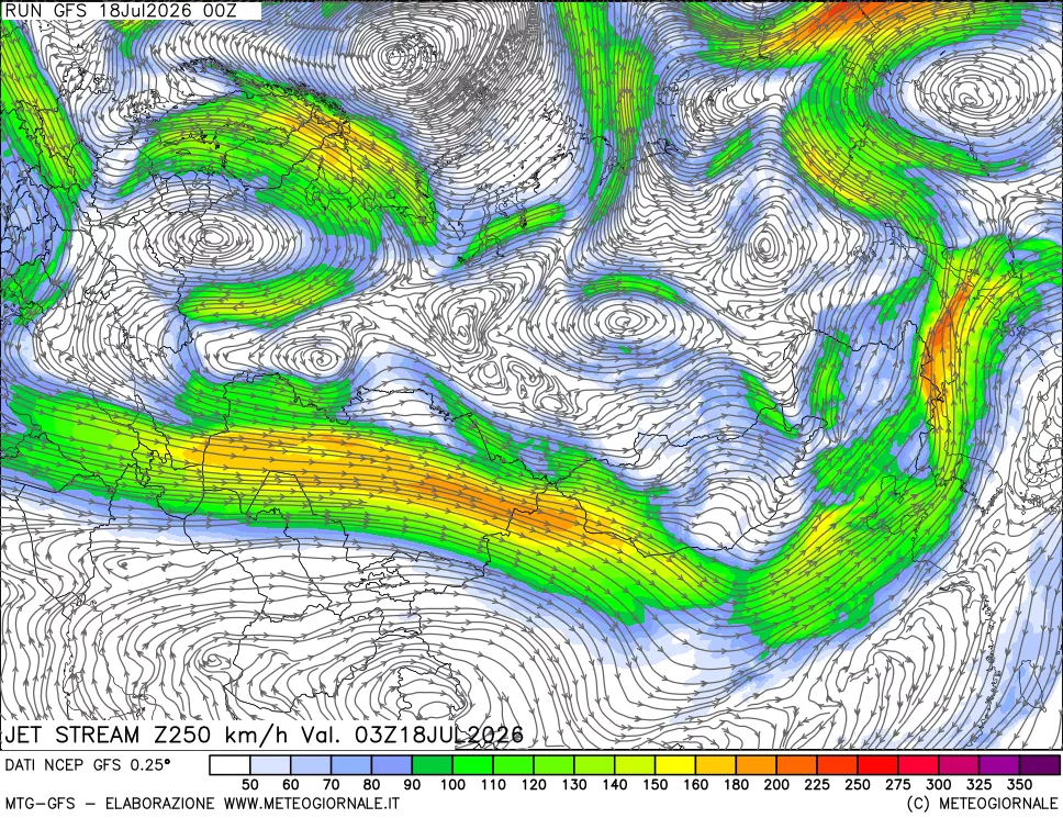 mappa 250 hPa Jet stream