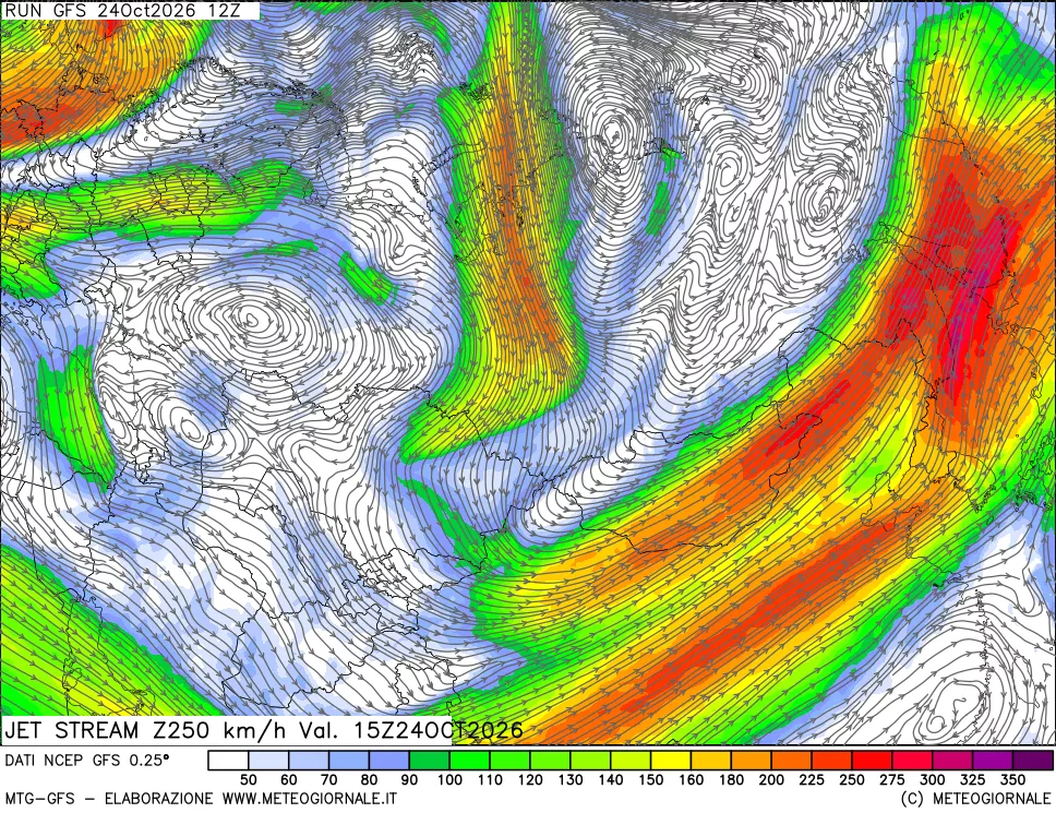 mappa 250 hPa Jet stream