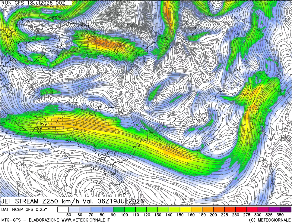 mappa 250 hPa Jet stream