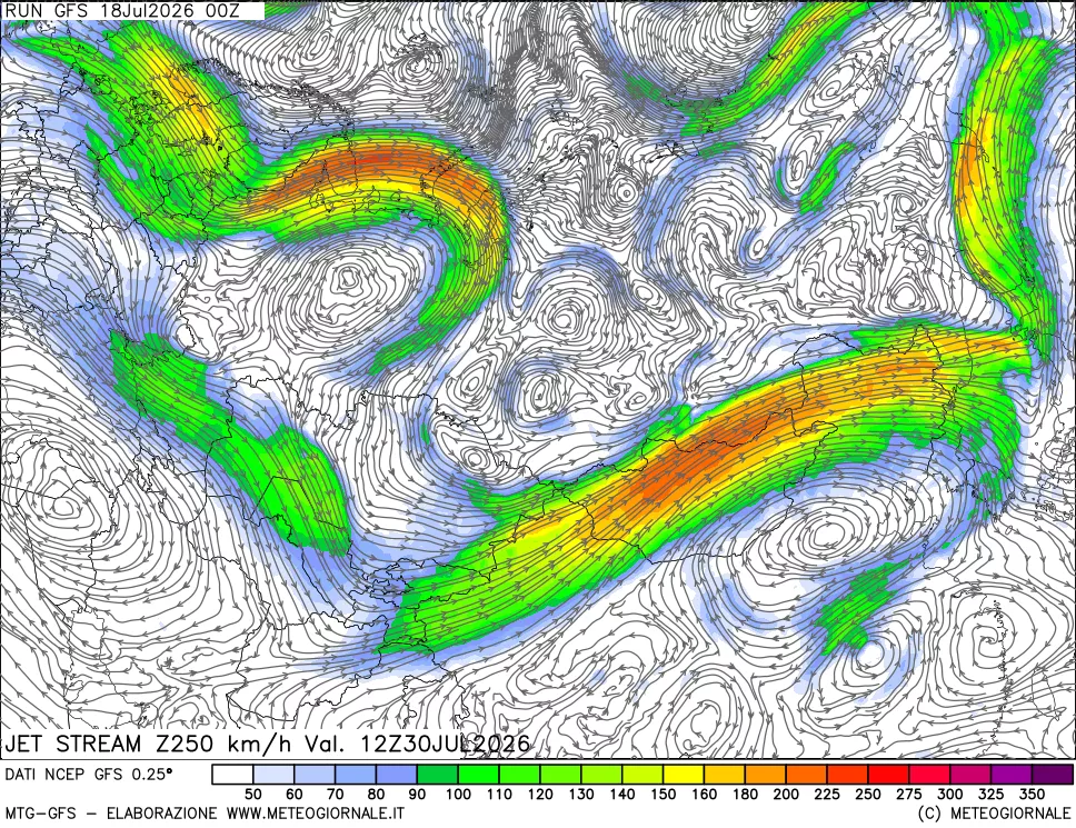 mappa 250 hPa Jet stream