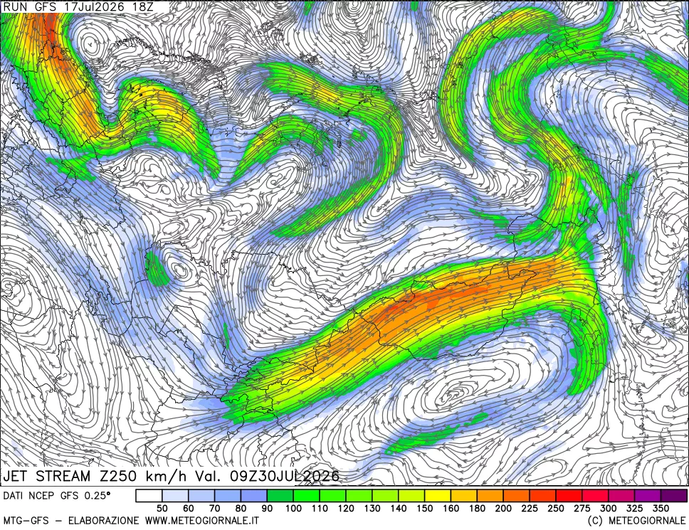 mappa 250 hPa Jet stream