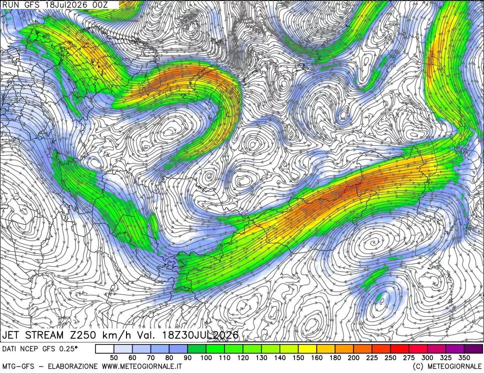 mappa 250 hPa Jet stream