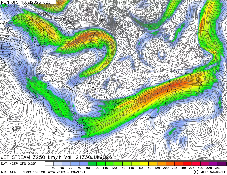 mappa 250 hPa Jet stream