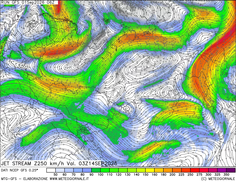 mappa 250 hPa Jet stream