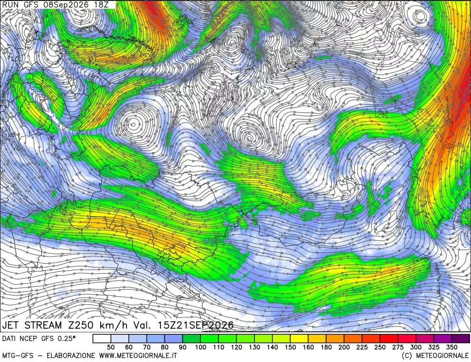 mappa 250 hPa Jet stream