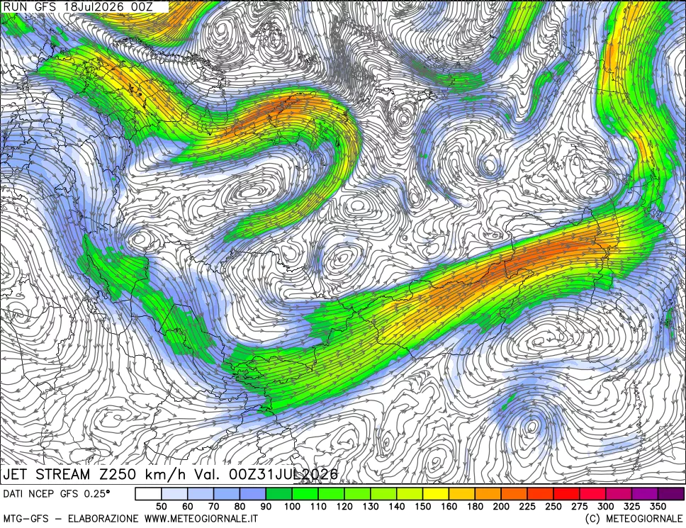 mappa 250 hPa Jet stream