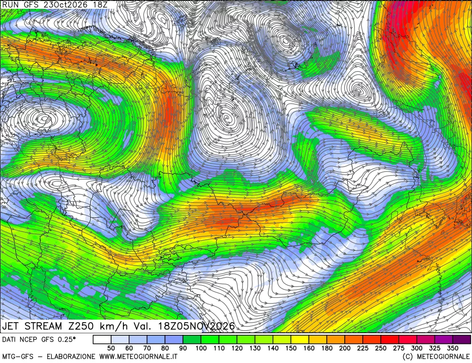 mappa 250 hPa Jet stream