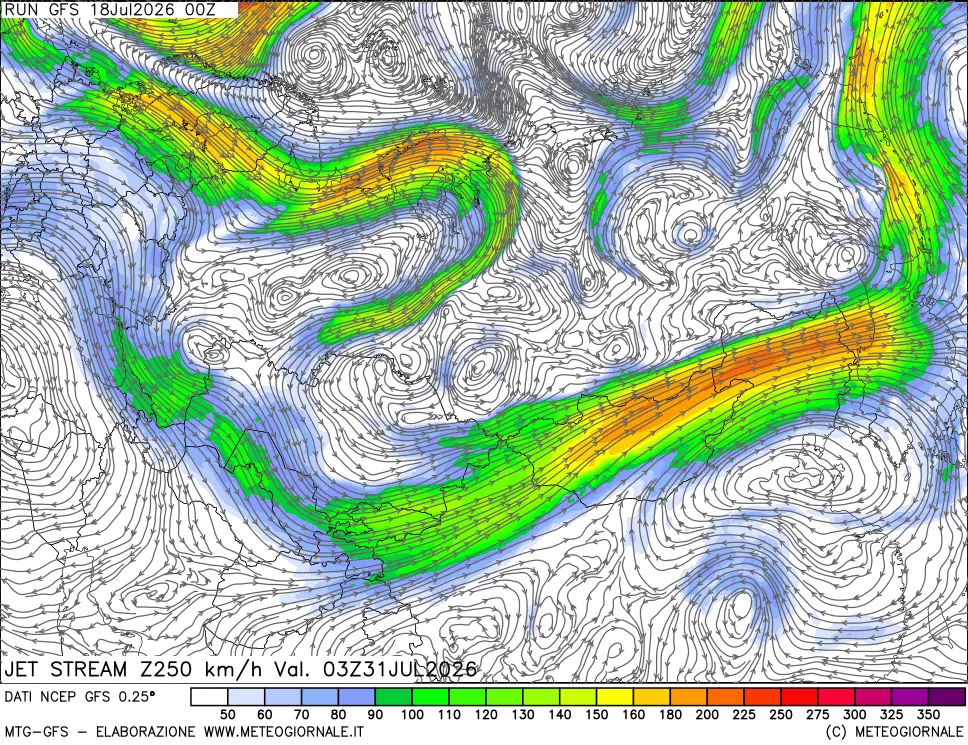 mappa 250 hPa Jet stream