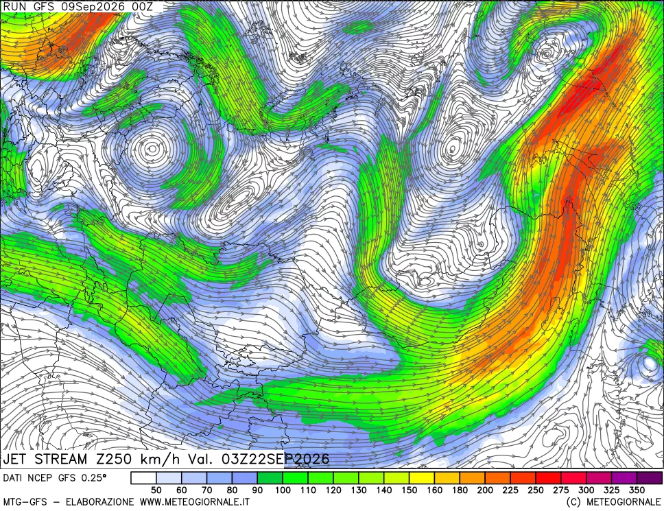 mappa 250 hPa Jet stream