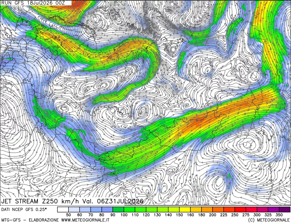 mappa 250 hPa Jet stream