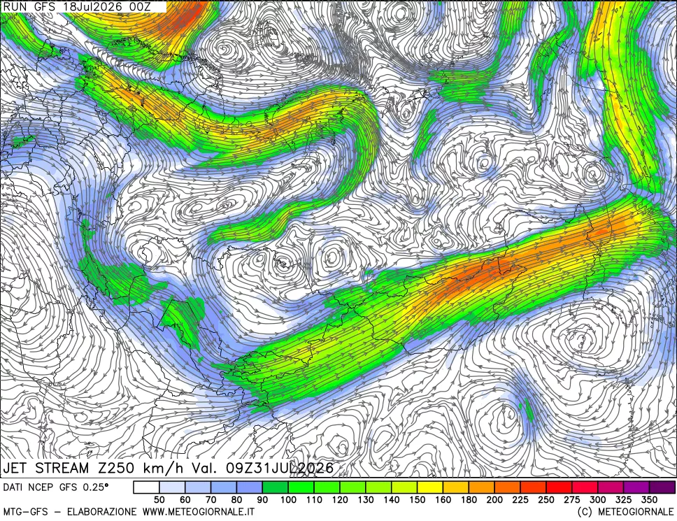mappa 250 hPa Jet stream