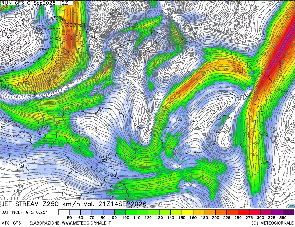 mappa 250 hPa Jet stream