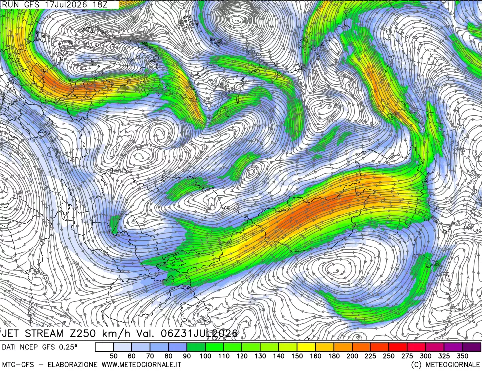 mappa 250 hPa Jet stream