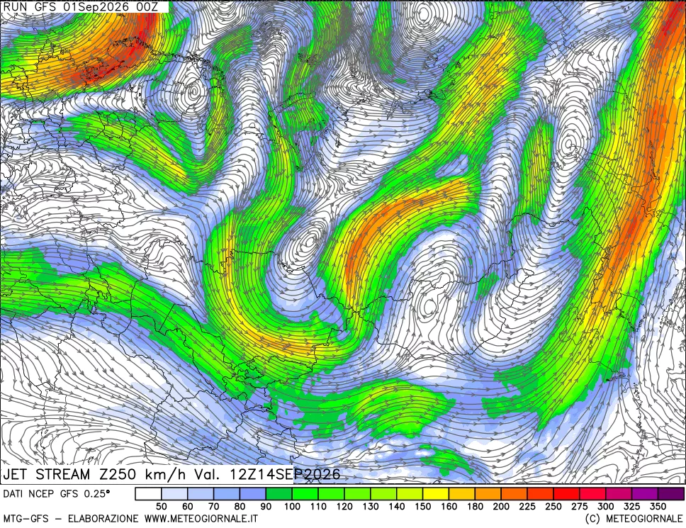 mappa 250 hPa Jet stream