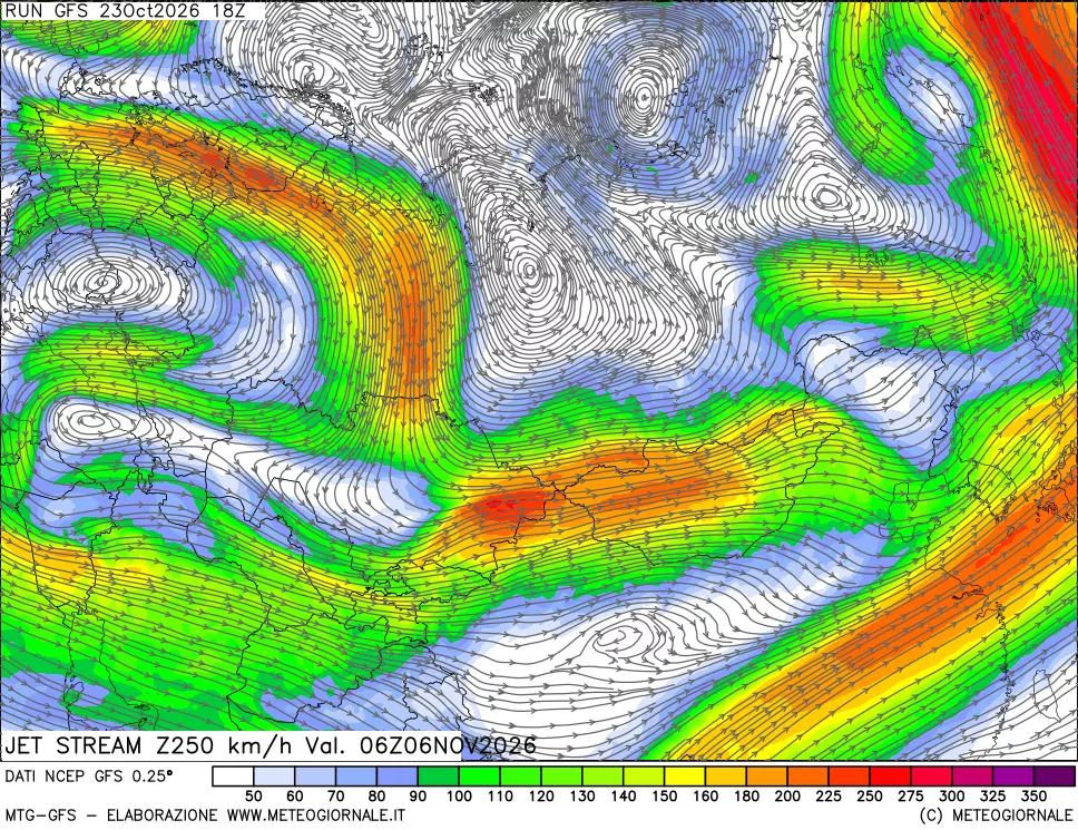 mappa 250 hPa Jet stream