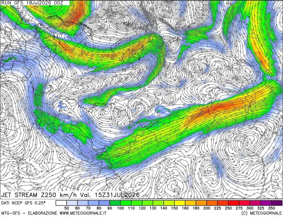mappa 250 hPa Jet stream