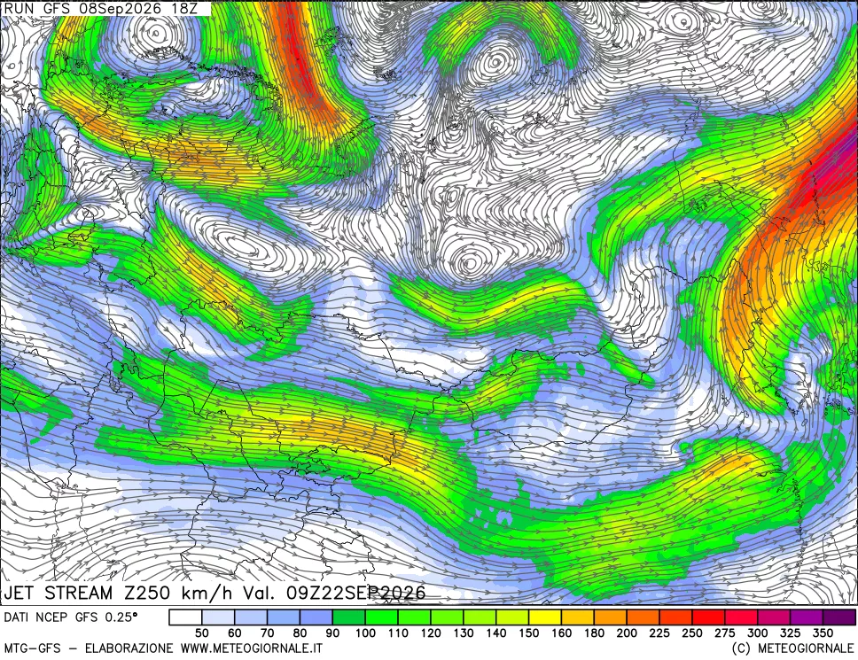 mappa 250 hPa Jet stream
