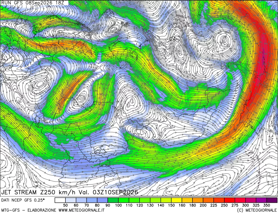 mappa 250 hPa Jet stream