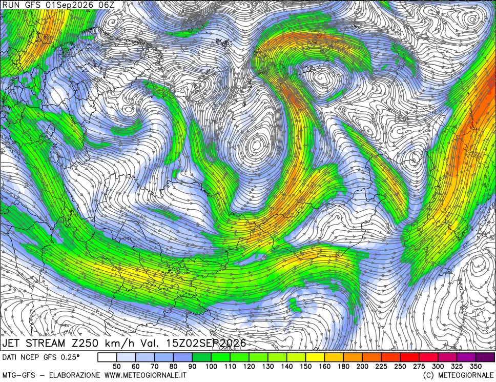 mappa 250 hPa Jet stream
