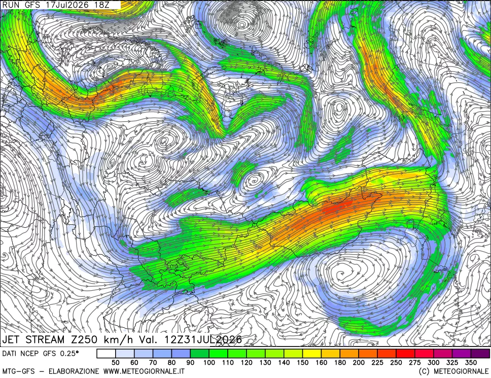 mappa 250 hPa Jet stream