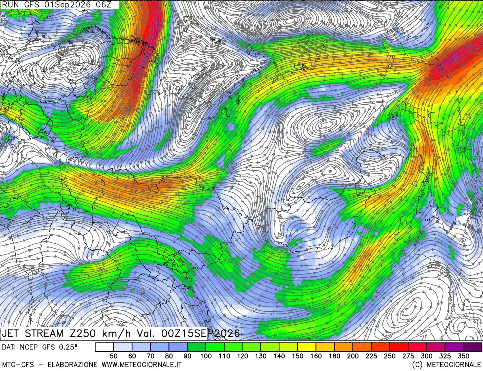 mappa 250 hPa Jet stream