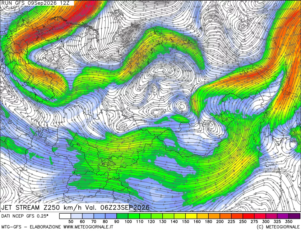 mappa 250 hPa Jet stream
