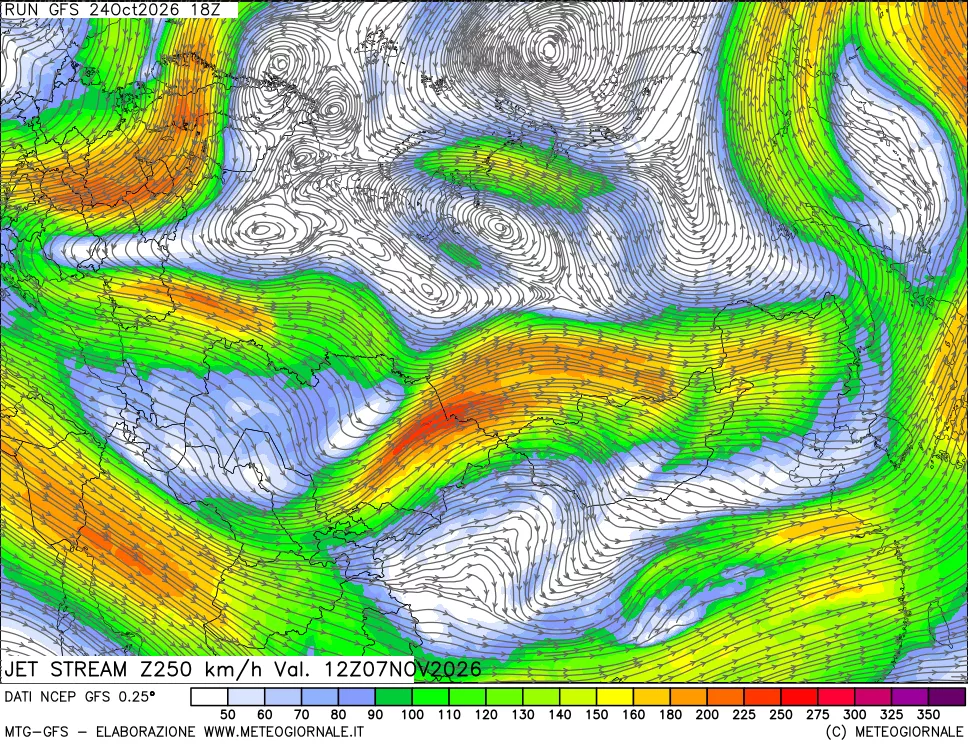 mappa 250 hPa Jet stream