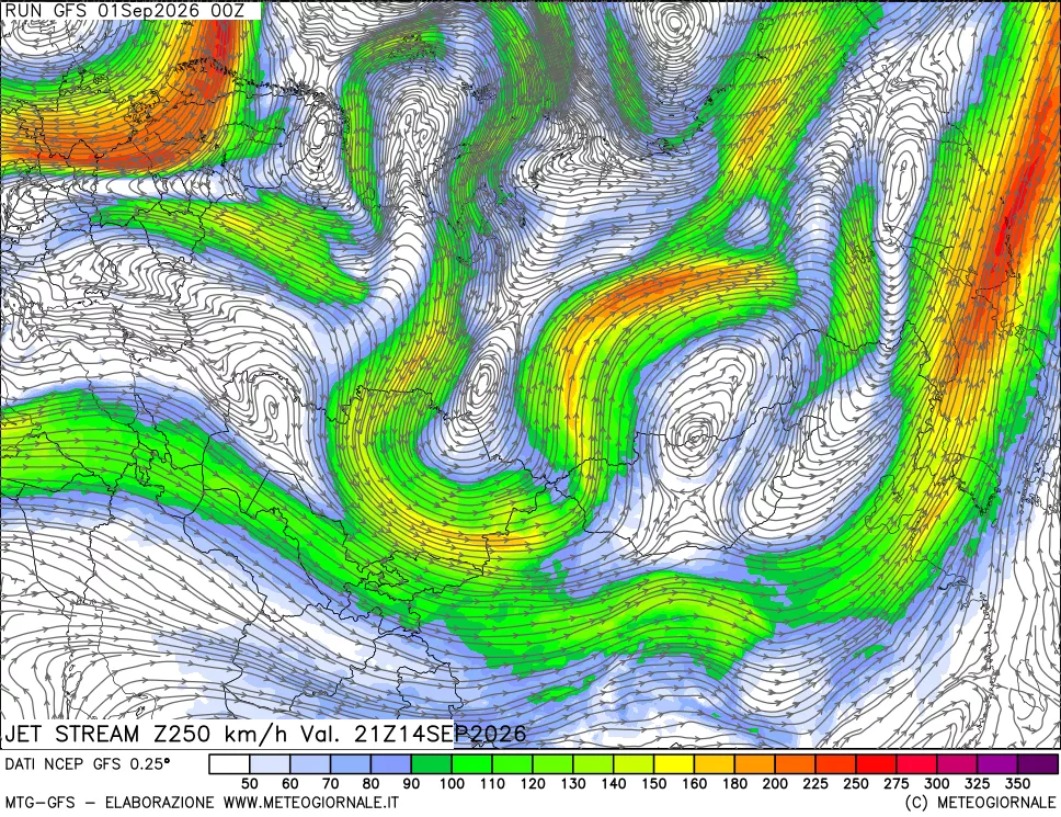 mappa 250 hPa Jet stream
