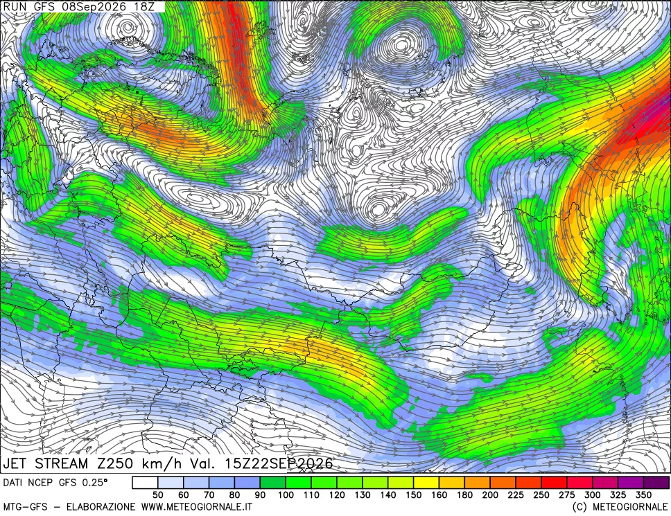 mappa 250 hPa Jet stream