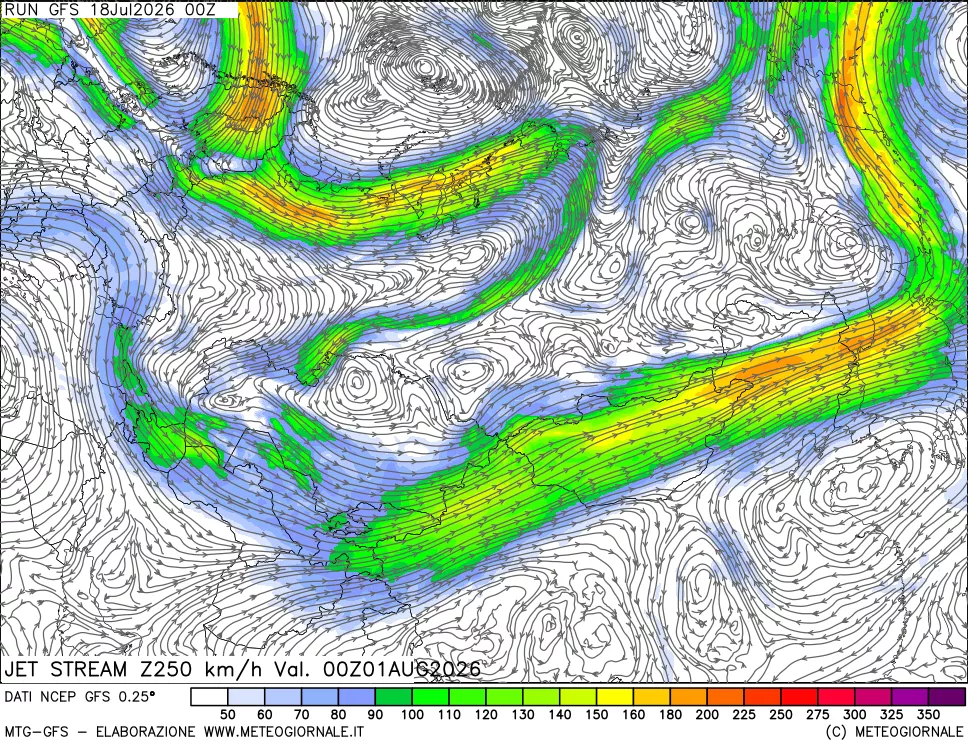 mappa 250 hPa Jet stream