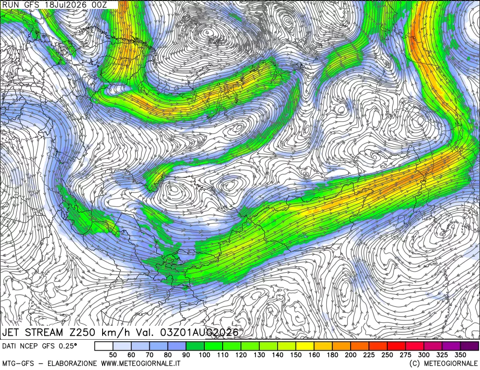 mappa 250 hPa Jet stream