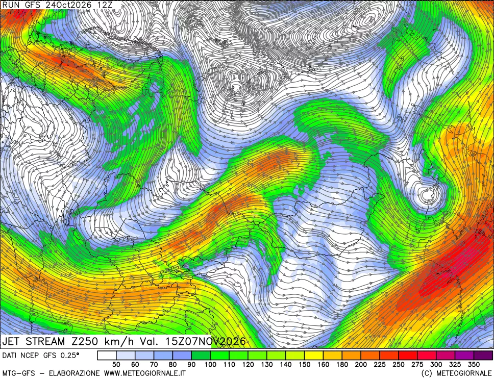 mappa 250 hPa Jet stream