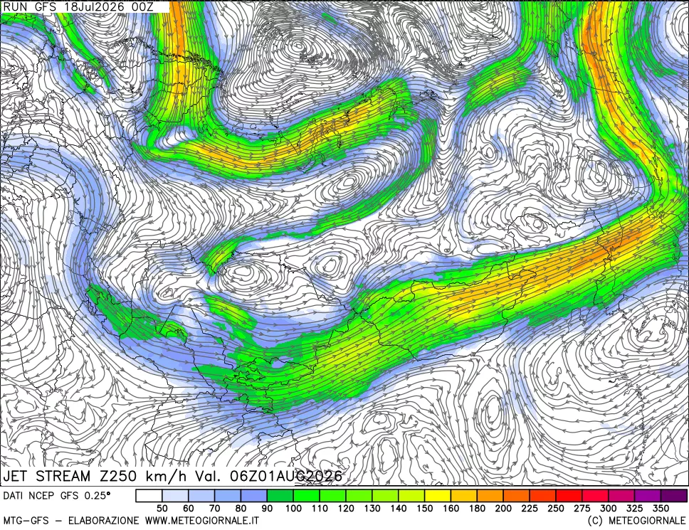 mappa 250 hPa Jet stream