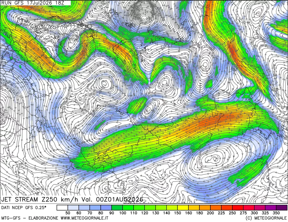 mappa 250 hPa Jet stream