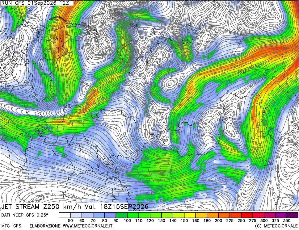 mappa 250 hPa Jet stream