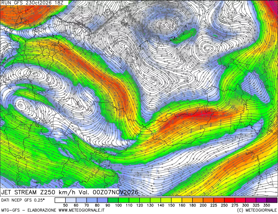 mappa 250 hPa Jet stream