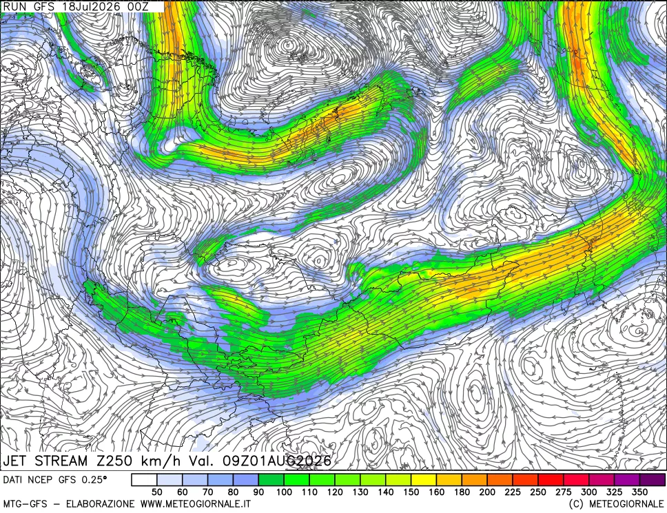 mappa 250 hPa Jet stream