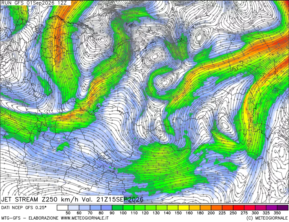 mappa 250 hPa Jet stream
