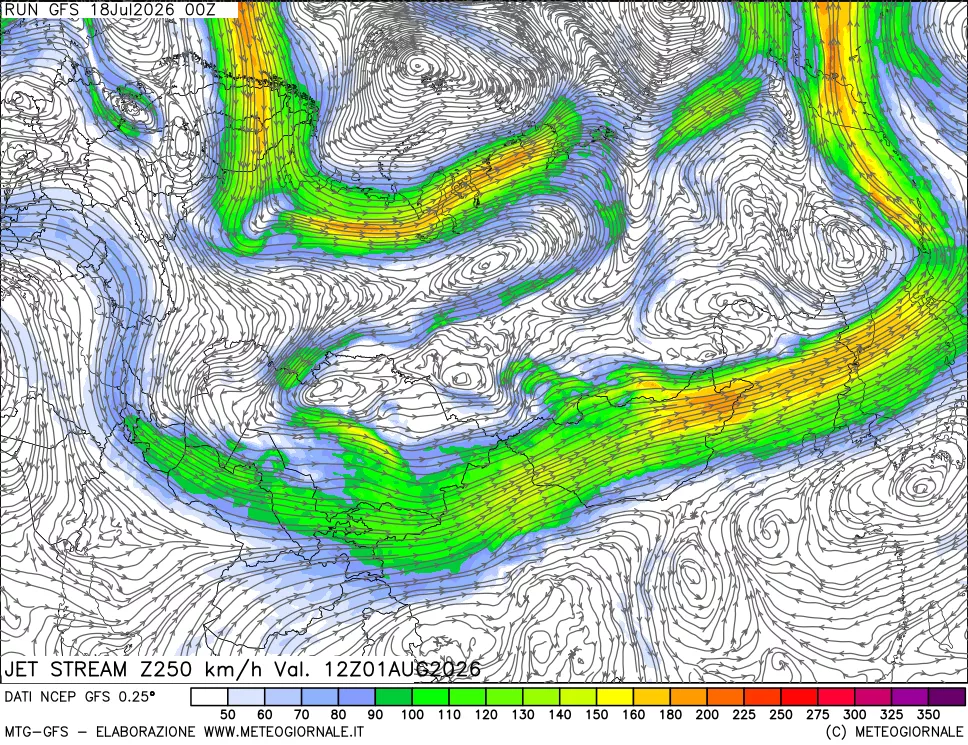 mappa 250 hPa Jet stream