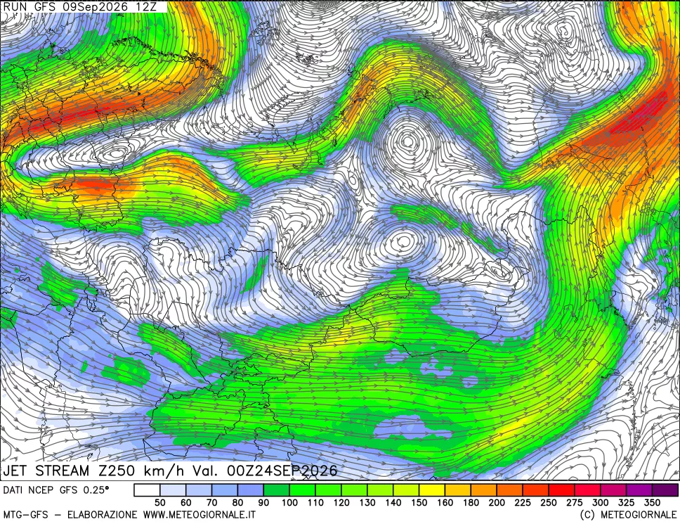 mappa 250 hPa Jet stream
