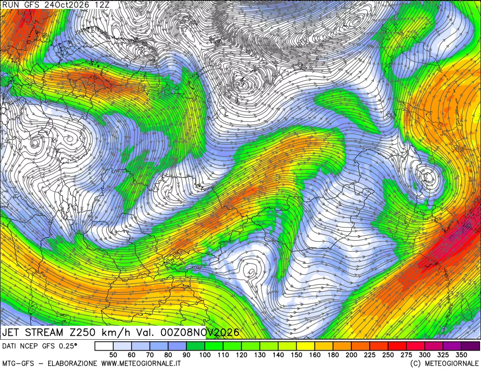 mappa 250 hPa Jet stream