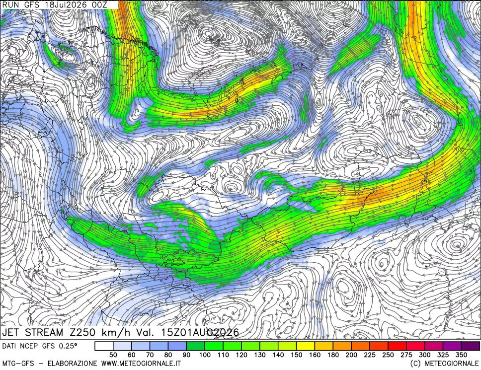 mappa 250 hPa Jet stream