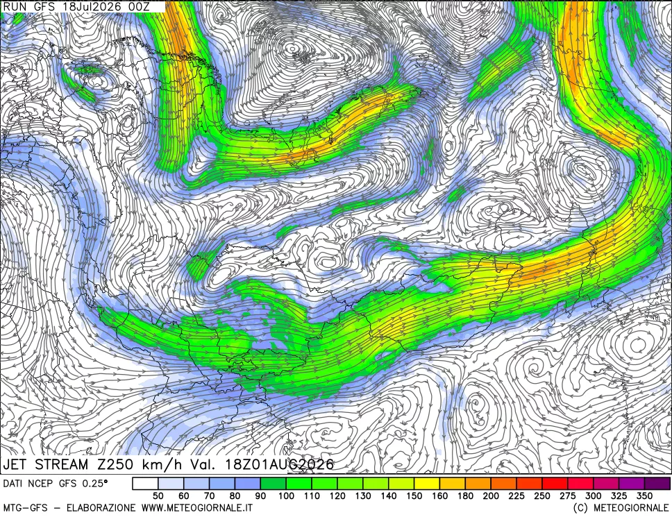 mappa 250 hPa Jet stream